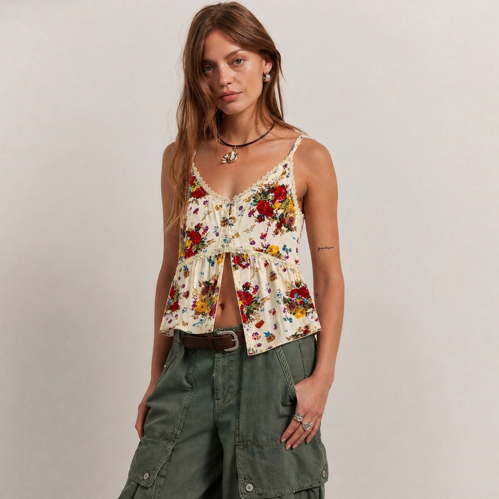 Boho Floral Lace Trim Camisole Top Womens Size S Empire Waist Cottagecore Y2K